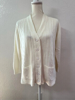 G.A.L.S Women's White Cable-Knit V-Neck Button Cardigan Sweater w/ Pockets